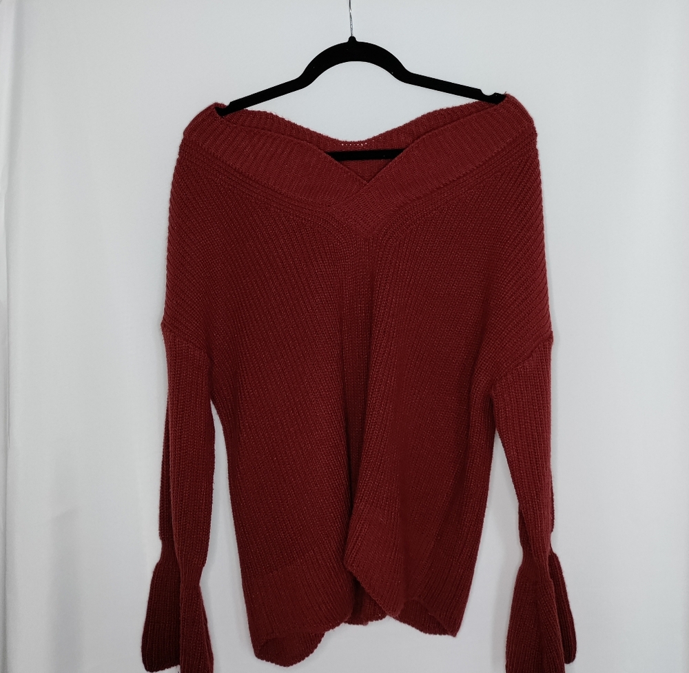 Scalloped Hem Off-The-Shoulder Sweater with Bell Sleeves